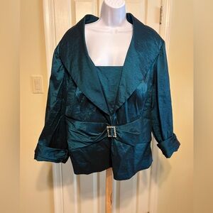 J.R. NITES - Deep Teal Satin Shawl Collar Dressy Shirt with Buckle, Size: 24W